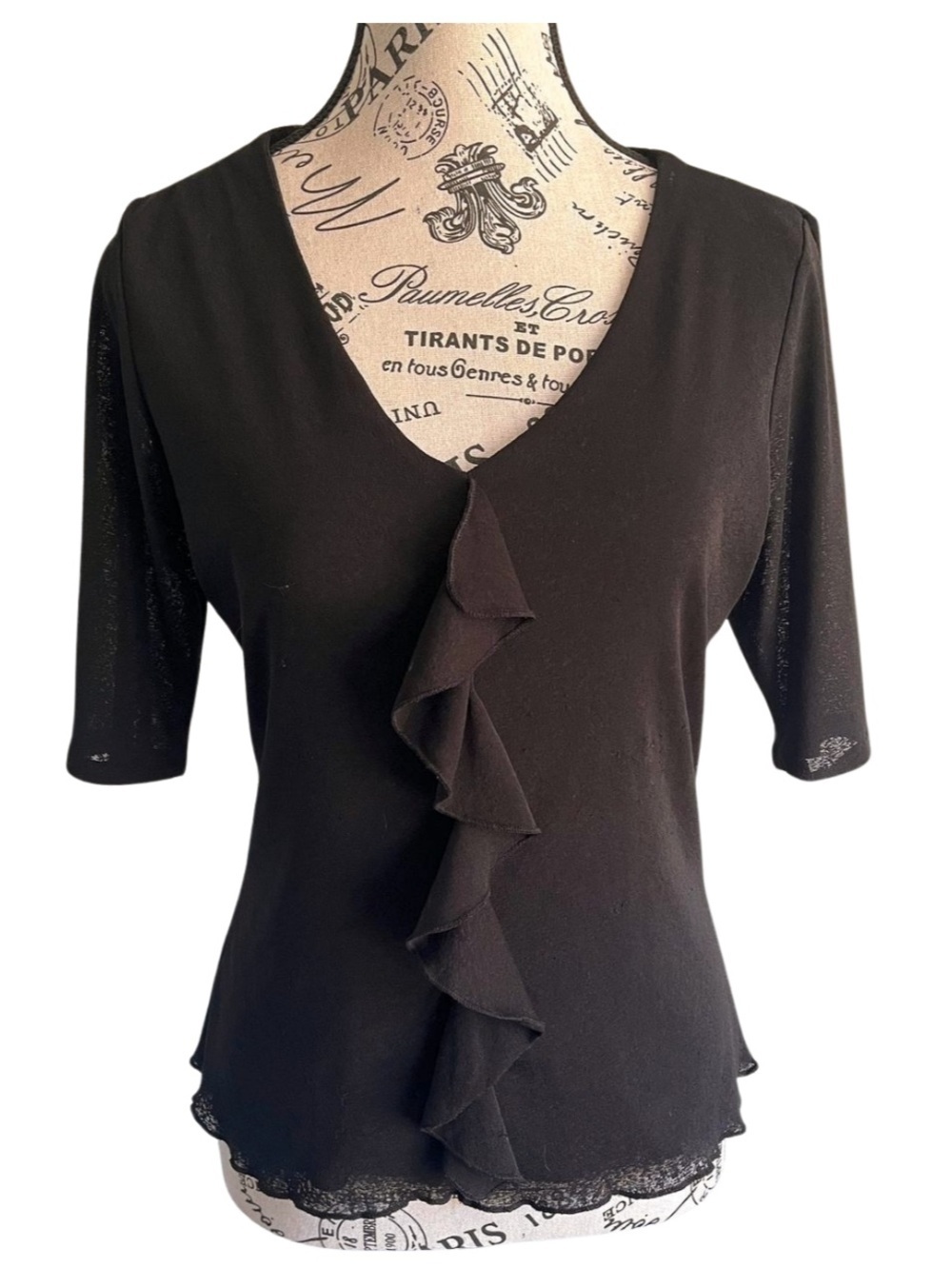 90s Vintage Black Sheer Ruffle Top Lettuce Hem Minimal Fairy Grunge M/L Y2K